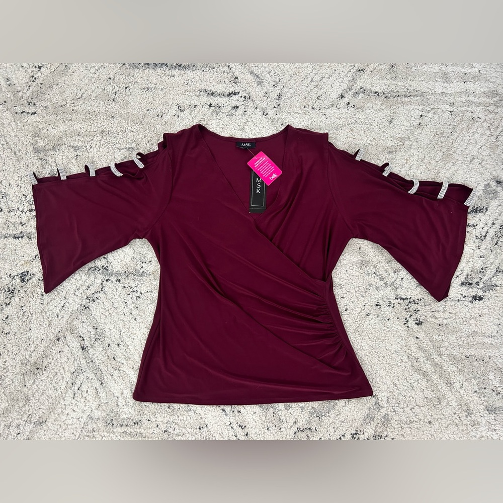 MSK Red Asymmetrical 3/4 Sleeve Blouse with Cut Outs Women Size XL